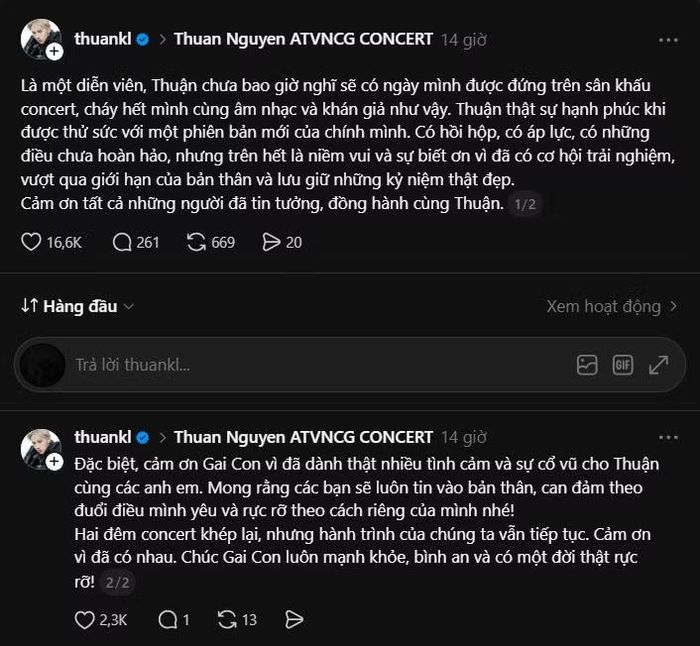  Thuận Nguyễn bày tỏ niềm hạnh phúc khi đứng trên sân khấu concert ATVNCG 2026. 