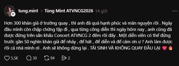  Tùng Mint mãn nguyện vì có thể biểu diễn trước gần 50 nghìn khán giả tại concert. Dưới phần bình luận, các Gai Con cũng "manifest" sẽ có thêm nhiều đêm diễn hơn nữa. 