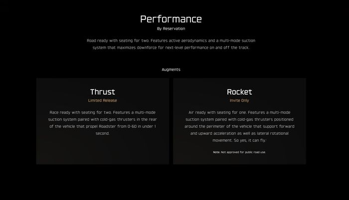  Bên dưới bảng thông tin về mẫu xe bay bản Rocket, Tesla khẳng định không thể dùng trong đường phố dân dụng. Ảnh: Tesla.
