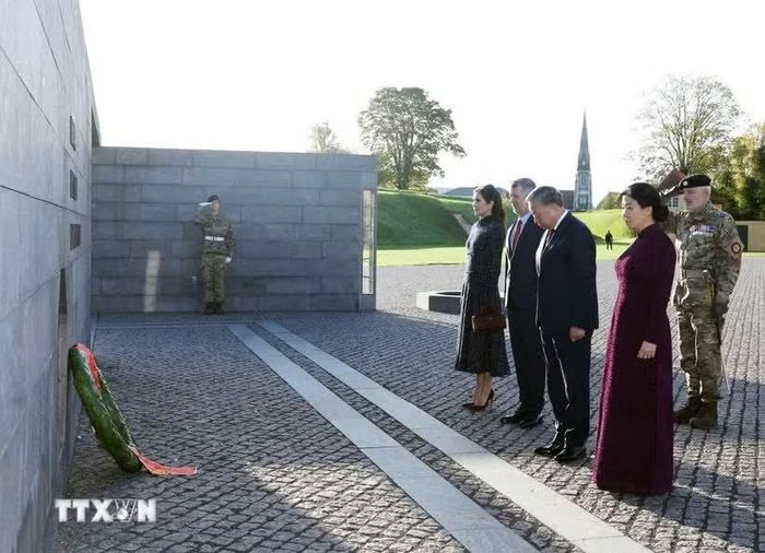  Trước đó, Tổng Bí thư, Chủ tịch nước Tô Lâm và Phu nhân Ngô Phương Ly cùng Nhà vua Frederik X và Hoàng hậu Mary của Đan Mạch đã đến đặt vòng hoa tại Đài tưởng niệm Anh hùng nằm trong khuôn viên pháo đài Kastellet, thủ đô Copenhagen. Tại đây, Tổng Bí thư, Chủ tịch nước Tô Lâm và Nhà vua Frederik X đã duyệt Đội danh dự. Sau nghi thức đặt vòng hoa trang trọng trước Đài tưởng niệm, Tổng Bí thư, Chủ tịch nước Tô Lâm và Phu nhân Ngô Phương Ly cùng Nhà vua Frederik X và Hoàng hậu Mary đã dành phút mặc niệm, tưởng nhớ những người đã hy sinh khi thực hiện các nhiệm vụ quốc tế của Đan Mạch. 