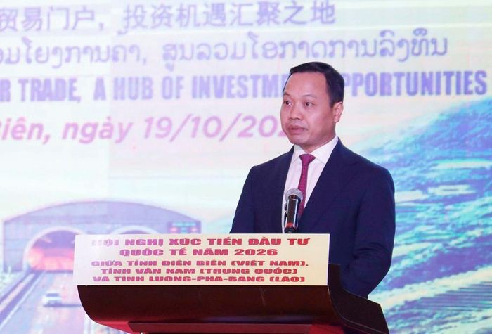 Ông Trần Tiến Dũng, Bí thư Tỉnh ủy Điện Biên phát biểu Khai mạc Hội nghị xúc tiến đầu tư quốc tế Điện Biên 2026