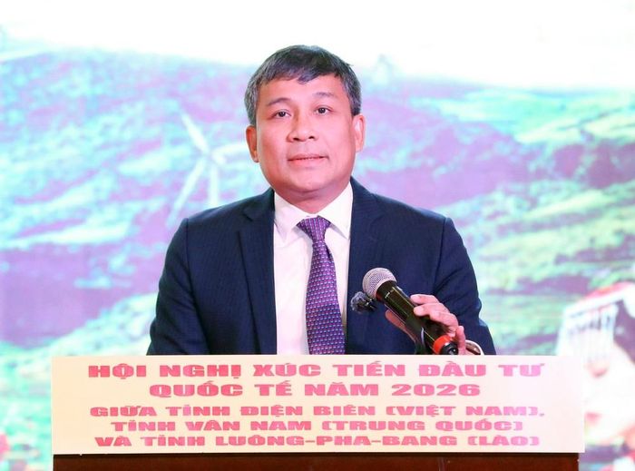 Ông Nguyễn Minh Vũ, Thứ trưởng Thường trực Bộ Ngoại Giao phát biểu tại Hội nghị xúc tiến đầu tư quốc tế Điện Biên 2026