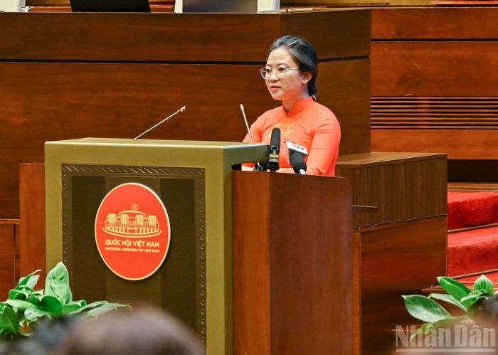 Đại biểu Quốc hội tỉnh Khánh Hòa Nguyễn Thanh Ngân phát biểu tại gặp mặt. (Ảnh: DUY LINH)