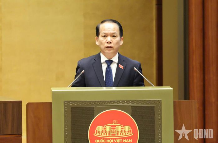 Bộ trưởng Bộ Tư pháp Hoàng Thanh Tùng trình bày tờ trình của Chính phủ về các dự án luật, trong đó có dự án Luật Nuôi con nuôi (sửa đổi). Ảnh: TRỌNG HẢI