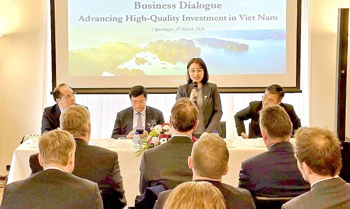 Các doanh nghiệp tham gia đối thoại “Thúc đẩy đầu tư chất lượng cao vào Việt Nam” do Đại sứ quán Việt Nam tại Đan Mạch phối hợp với Bộ Tài chính tổ chức tại Đan Mạch vào tháng 3-2026. Ảnh: TTXVN