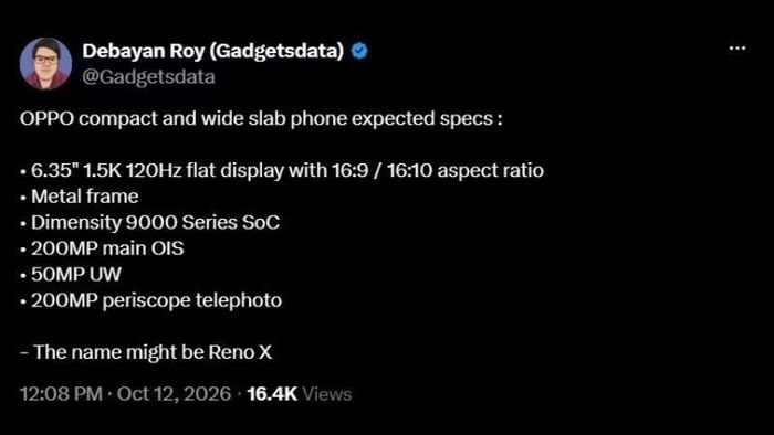 Thông tin về OPPO Reno X được leaker Debayan Roy tiết lộ.