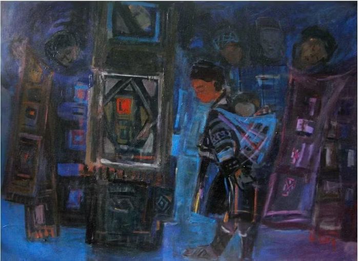 Chợ sớm; Chất liệu Acrylic; Kích thước 120cm x 100cm (Giải B Phanxipang 2017).