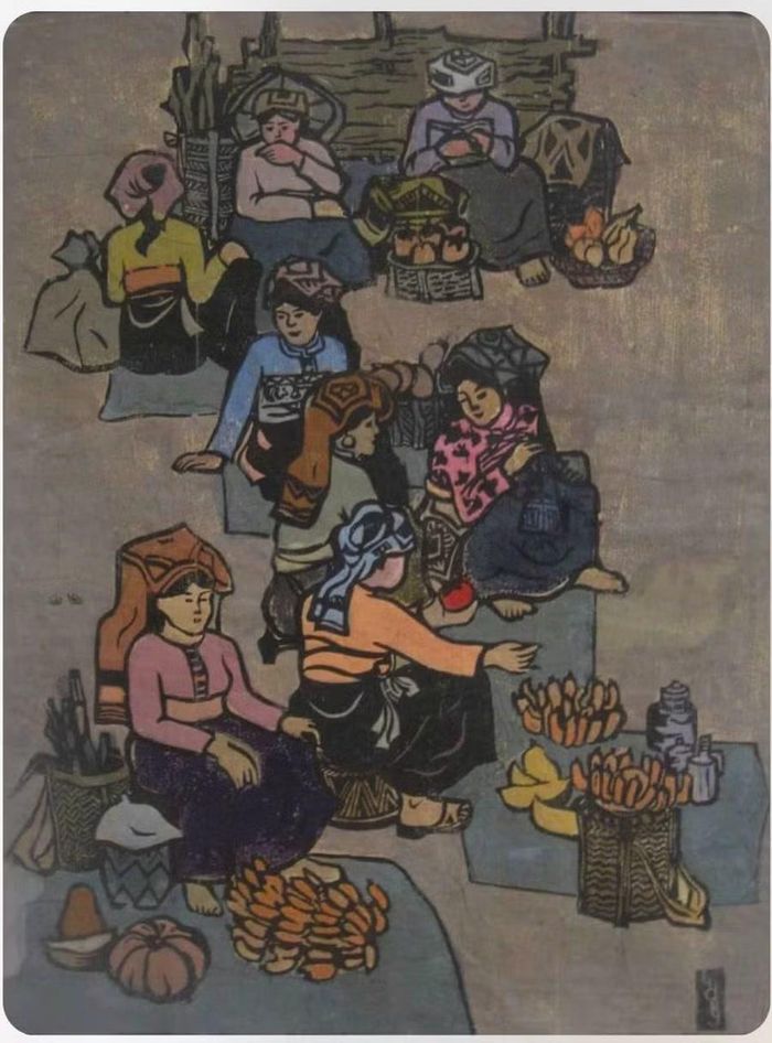 Chợ phiên; Chất liệu Khắc gỗ màu; Kích thước 55cm x 75cm (Giải B Phanxipang 2007).
