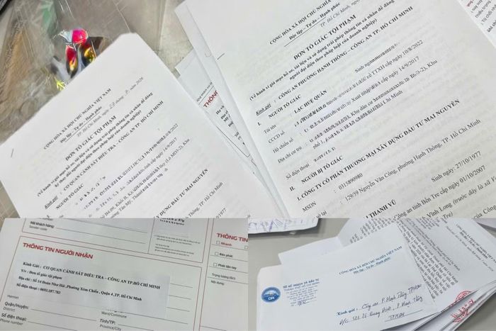 Rất nhiều đơn trình báo, tố giác tội phạm và các giấy tờ liên quan đã được chị Quân gửi đến cơ quan chức năng. Ảnh: NVCC
