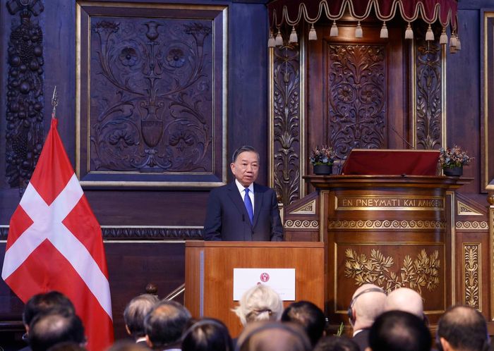 Tổng Bí thư, Chủ tịch nước Tô Lâm phát biểu chính sách tại Đại học Copenhagen. Ảnh: TTXVN