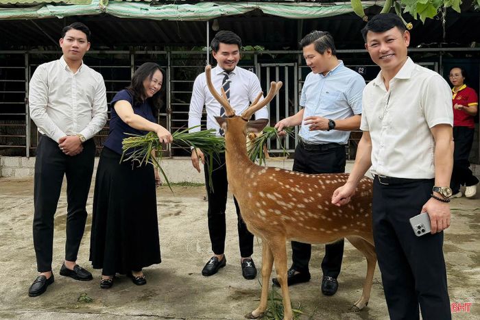 Ông Nguyễn Khắc Huân (áo trắng, đứng giữa) giới thiệu với du khách về giá trị của nghề nuôi hươu truyền thống và văn hóa bản địa Hương Sơn. (Ảnh: nhân vật cung cấp)