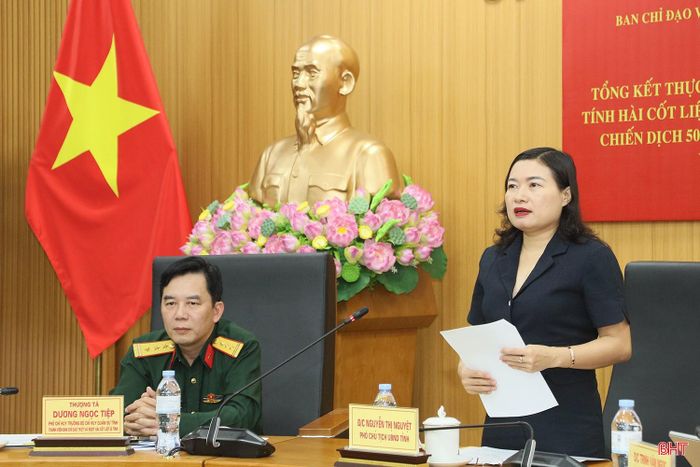 Đồng chí Nguyễn Thị Nguyệt - Phó Chủ tịch UBND tỉnh, Trưởng ban Chỉ đạo tìm kiếm, quy tập và xác định danh tính hài cốt liệt sĩ tỉnh kết luận hội nghị.