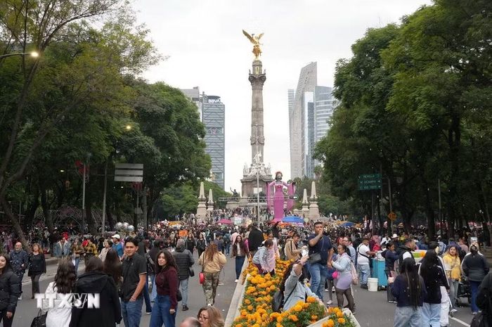 Mặc dù gần 2 tuần nữa mới đến Đại lễ Ngày của người chết (Día de Muertos), người dân Mexico đã đổ về đại lộ trung tâm Reforma. (Ảnh: Phi Hùng/TTXVN)