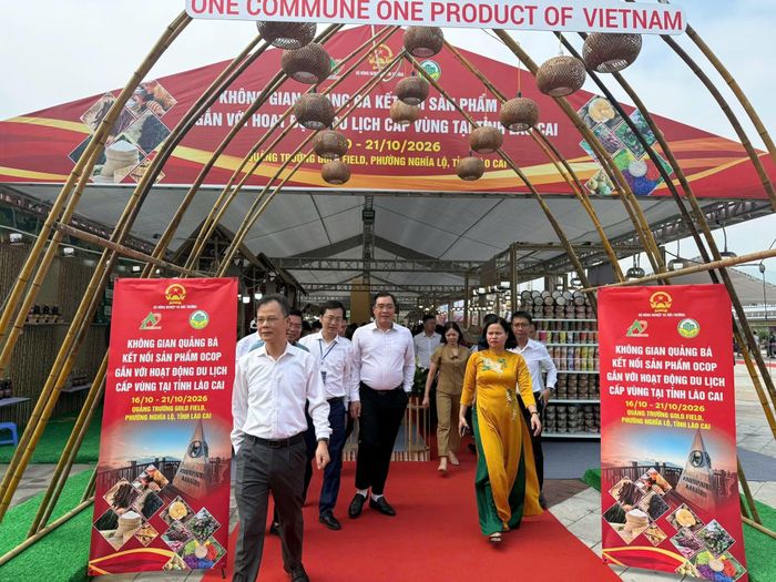 Các đại biểu tham quan Không gian quảng bá, kết nối sản phẩm OCOP. (Ảnh: Yến Bùi/Vietnam+)