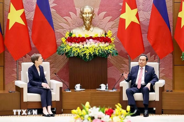 Chủ tịch Quốc hội Trần Thanh Mẫn hội kiến Thủ tướng Công quốc Liechtenstein Brigitte Haas. (Ảnh: Doãn Tấn/TTXVN)