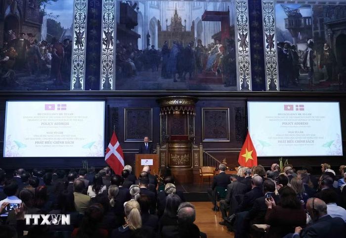 Tổng Bí thư, Chủ tịch nước Tô Lâm phát biểu chính sách tại Đại học Copenhagen (Đan Mạch). (Ảnh: Thống Nhất/TTXVN)