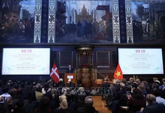 Tổng Bí thư, Chủ tịch nước Tô Lâm phát biểu chính sách tại Đại học Copenhagen (Đan Mạch). Ảnh: Thống Nhất/TTXVN