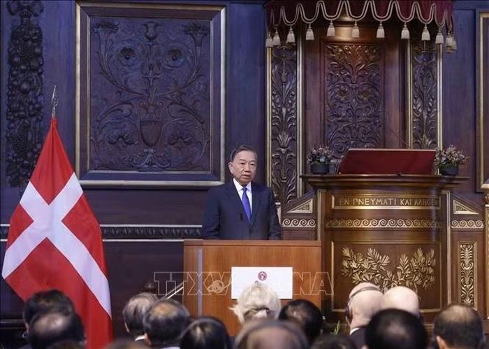 Tổng Bí thư, Chủ tịch nước Tô Lâm phát biểu chính sách tại Đại học Copenhagen (Đan Mạch). Ảnh: Thống Nhất/TTXVN