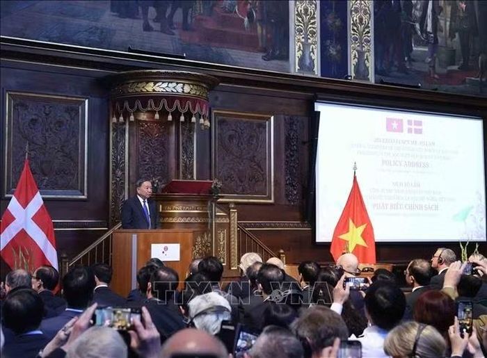 Tổng Bí thư, Chủ tịch nước Tô Lâm phát biểu chính sách tại Đại học Copenhagen (Đan Mạch). Ảnh: Thống Nhất/TTXVN