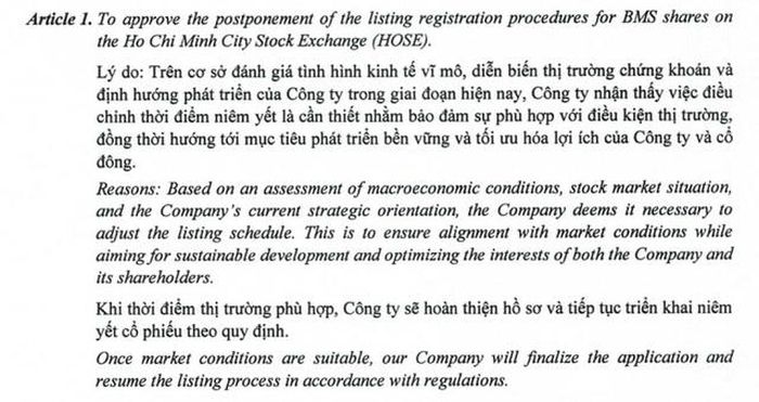Lý do công ty nêu ra để lý giải cho việc tạm dừng việc chuyển sàn (Ảnh: BMS).