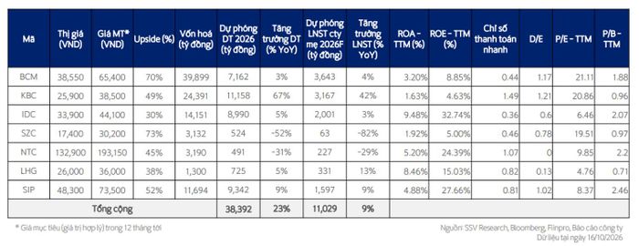  SSV dự phóng kết quả kinh doanh năm 2026 và đưa ra giá mục tiêu 12 tháng của các doanh nghiệp bất động khu công nghiệp. 