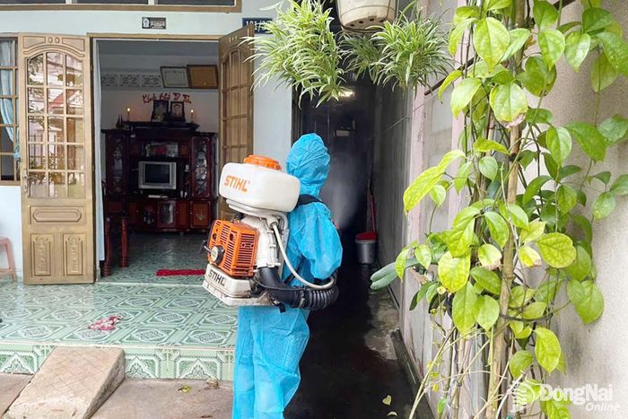 Trạm Y tế phường Long Khánh phối hợp Trung tâm Y tế khu vực Long Khánh phun thuốc diệt muỗi trên địa bàn phường. Ảnh: TYT