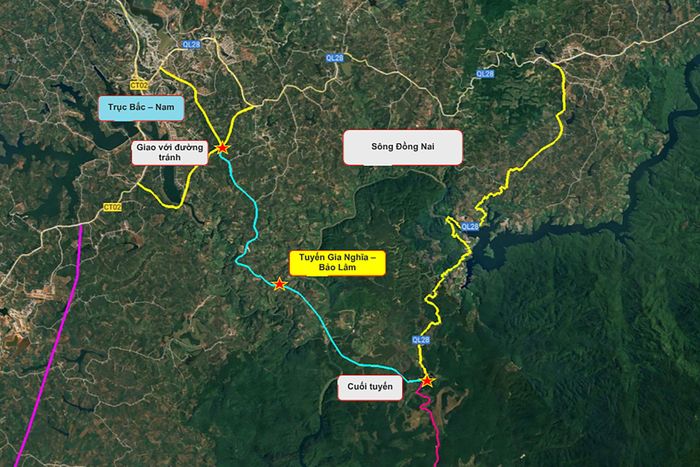 Khu vực dự kiến đầu tư gần 8,9 km (màu xanh), kết nối từ phường Đông Gia Nghĩa đến xã Bảo Lâm 5