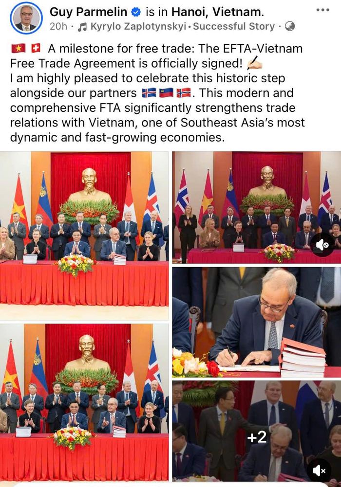 Tổng thống Guy Parmelin chia sẻ trên trang facebook cá nhân sự kiện chứng kiến lễ ký kết FTA Việt Nam - EFTA: "Dấu mốc quan trọng đối với thương mại tự do: Hiệp định Thương mại tự do EFTA - Việt Nam chính thức được ký kết! Tôi rất vui mừng được cùng các đối tác chào đón bước tiến lịch sử này. Hiệp định thương mại tự do hiện đại và toàn diện này sẽ góp phần tăng cường đáng kể quan hệ thương mại với Việt Nam, một trong những nền kinh tế năng động và tăng trưởng nhanh nhất Đông Nam Á".