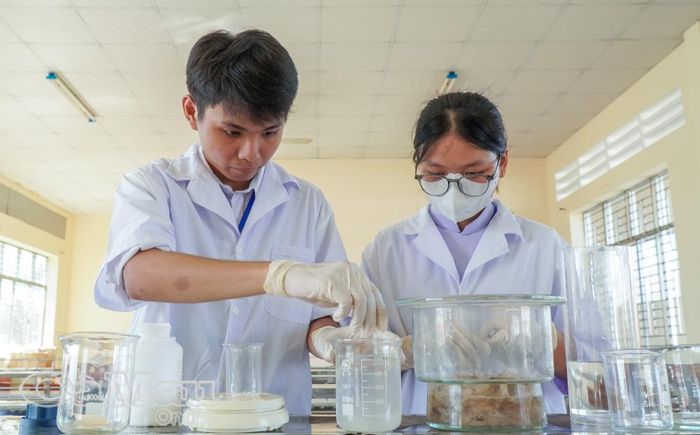 Nhóm tác giả thực hiện các công đoạn sấy, nghiền và phân loại kích thước hạt bột vỏ tôm trong phòng thí nghiệm.
