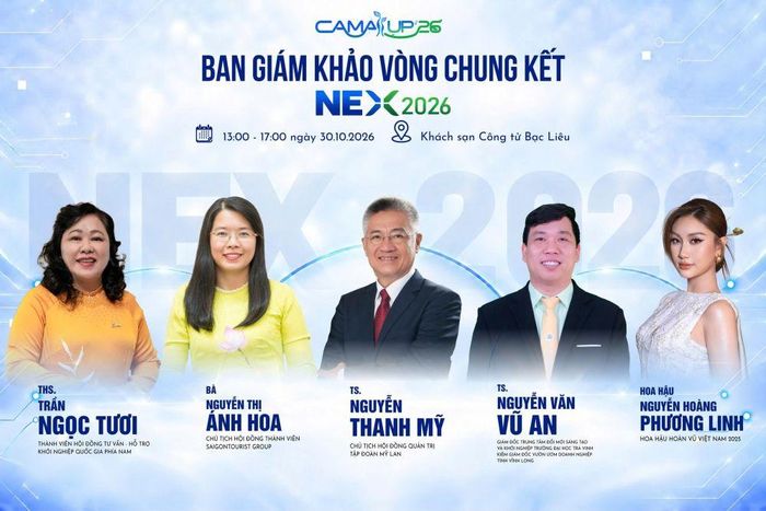 Ban giám khảo Chung kết Cuộc thi Khởi nghiệp Cà Mau 2026 - Next Entrepreneur Experience 2026 (NEX 2026) gồm các chuyên gia có chuyên môn, kinh nghiệm trong lĩnh vực khởi nghiệp và phát triển doanh nghiệp.