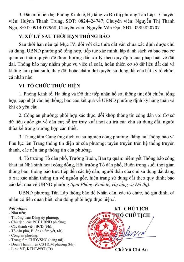  UBND phường Tân Lập thông báo tìm chủ sử dụng các thửa đất chưa xác định được chủ nhằm hoàn thiện hồ sơ địa chính và cơ sở dữ liệu đất đai trên địa bàn. 