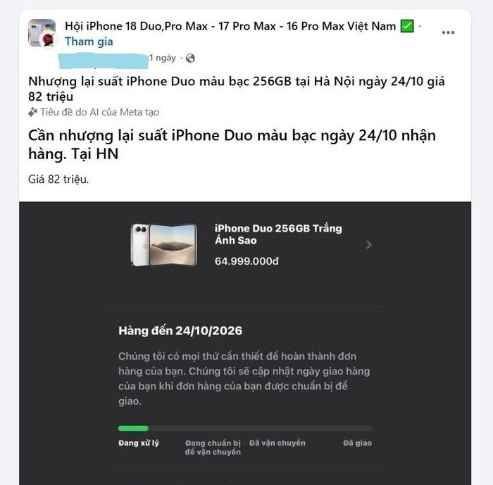 Một bài đăng chuyển nhượng lại iPhone Duo giá 64,9 triệu đồng với giá 82 triệu được đăng tải trên một hội nhóm về iPhone. (Ảnh chụp màn hình)
