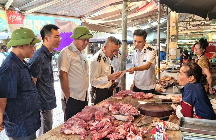Đoàn kiểm tra số 3 của Sở Nông nghiệp và Môi trường Hà Nội kiểm tra công tác an toàn thực phẩm trên địa bàn xã Hoài Đức. Ảnh: Ánh Dương