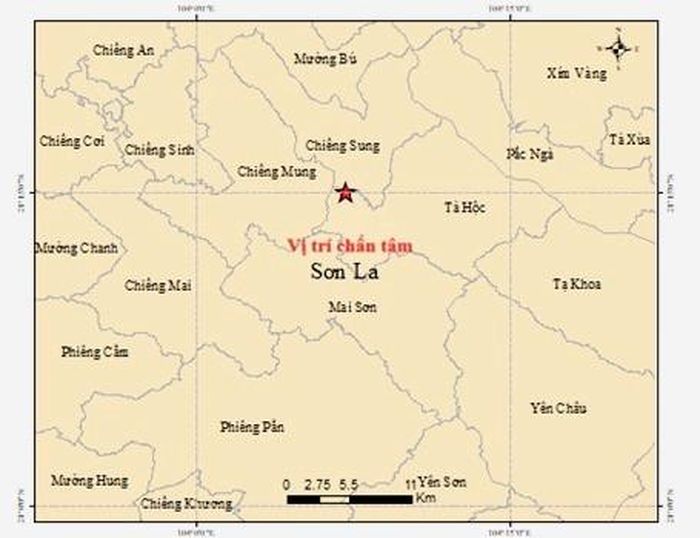 Vị trí tâm chấn động đất xảy ra sáng 19-10 tại xã Tà Hộc (tỉnh Sơn La). Ảnh: Viện Các Khoa học Trái đất).