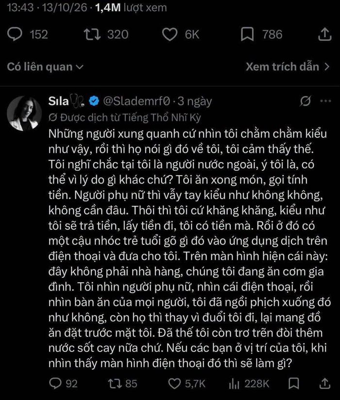 Mọi chuyện chỉ vỡ lẽ sau khi nữ du khách ăn xong và chủ động đề nghị thanh toán. Hoá ra cô đã dùng bữa cùng một gia đình người Việt. Ảnh: X