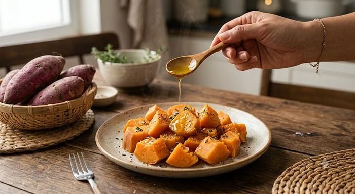 Ăn khoai lang vào bữa sáng giúp no lâu và ổn định đường huyết. Ảnh minh họa AI