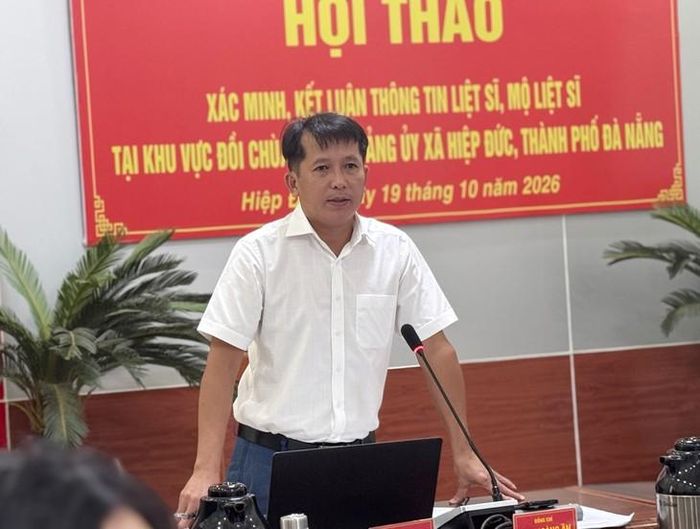 Ông Lưu Hoàng Ân, Chủ tịch UBND xã Hiệp Đức phát biểu tại hội thảo. Ảnh: Bích Vân