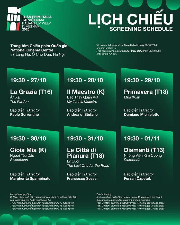 Tuần phim Italia tại Việt Nam 2026 khai mạc ngày 27/10 tại Trung tâm Chiếu phim Quốc gia, Hà Nội.