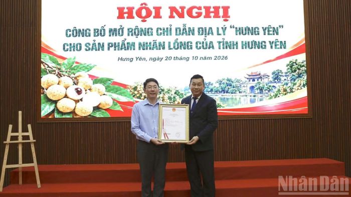 Ông Trần Lê Hồng, Phó Cục trưởng Cục Sở hữu trí tuệ trao Giấy chứng nhận đăng ký mở rộng chỉ dẫn địa lý “Hưng Yên” cho sản phẩm nhãn lồng của tỉnh. (Ảnh: MAI TÚ)