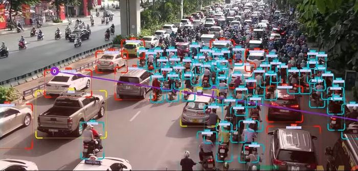 Thí dụ về việc ảnh hưởng của dòng xe hỗn loạn (nhiều xe máy) nhưng camera AI vẫn xác định đúng từng phương tiện, không để sai sót.
