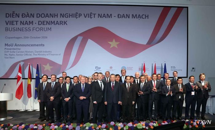 Tổng Bí thư, Chủ tịch nước Tô Lâm và Nhà Vua Đan Mạch Frederik X cùng các đại biểu và các doanh nghiệp hai nước. (Ảnh: TTXVN)