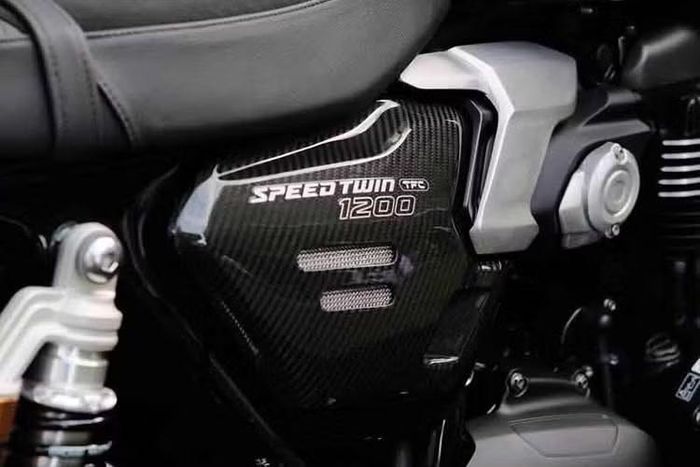 Để tạo điểm nhấn tương phản, Triumph sử dụng xích tải, chân phuộc và bình dầu rời mạ hợp kim màu vàng. Yên xe dạng liền bọc da kết hợp da lộn thể thao, hoàn thiện bằng các đường chỉ khâu thủ công.