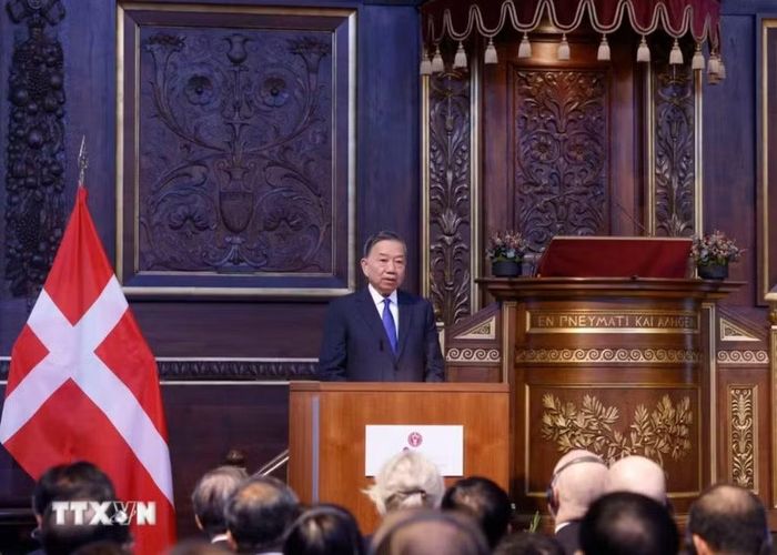 Tổng Bí thư, Chủ tịch nước Tô Lâm phát biểu chính sách tại Đại học Copenhagen. Ảnh: TTXVN