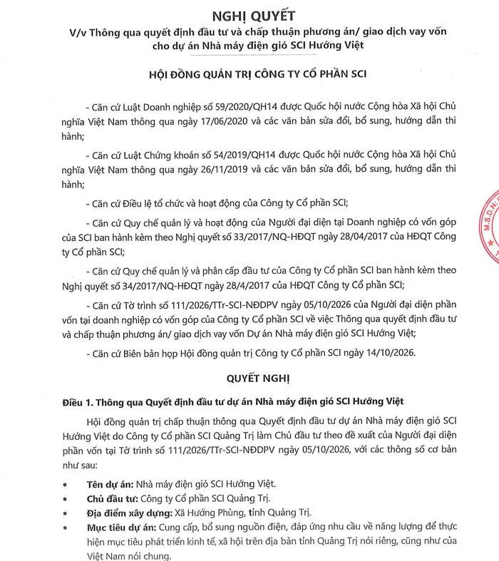 Hội đồng quản trị SCI Quảng Trị được giao thực hiện việc lựa chọn ngân hàng, quyết định nội dung hợp đồng vay vốn và các điều chỉnh, bổ sung phù hợp với phương án đã được chấp thuận.
