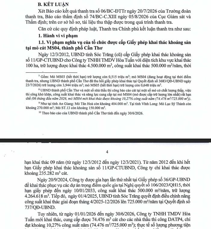 Theo thông báo ngày 16/10/2026, về kết luận thanh tra chuyên đề về công tác quản lý, khai thác khoáng sản làm vật liệu xây dựng tại TP Cần Thơ, tỉnh An Giang và tỉnh Cà Mau, Công ty TNHH Thương mại Dịch vụ Hòa Tuấn có nhiều vi phạm trong hoạt động khai thác cát tại mỏ MSO4.