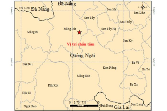 Vị trí xảy ra động đất ở Quảng Ngãi.