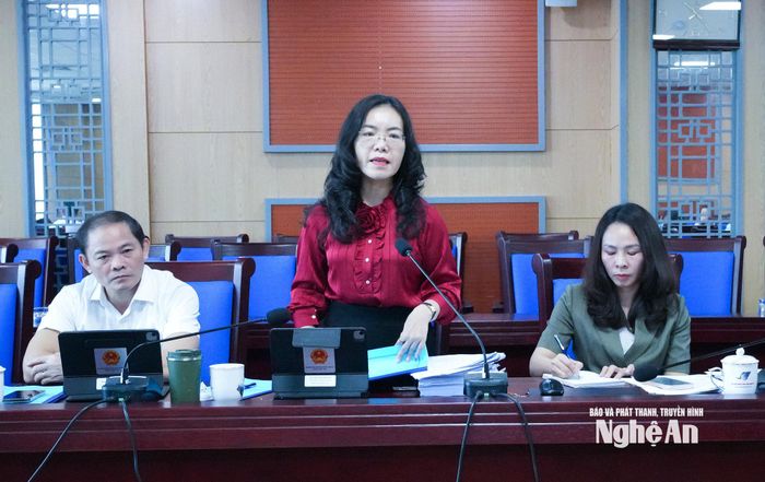 Phó Chánh Văn phòng Đoàn đại biểu Quốc hội và HĐND tỉnh Nguyễn Thị Anh Hoa nêu ý kiến tại cuộc họp. Ảnh: Mai Hoa