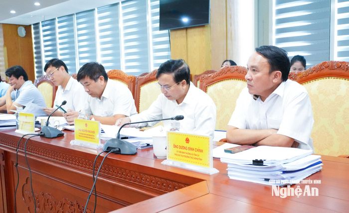 Các đồng chí lãnh đạo Thường trực HĐND tỉnh và Ban Kinh tế - Ngân sách dự cuộc họp thẩm tra. Ảnh: Mai Hoa