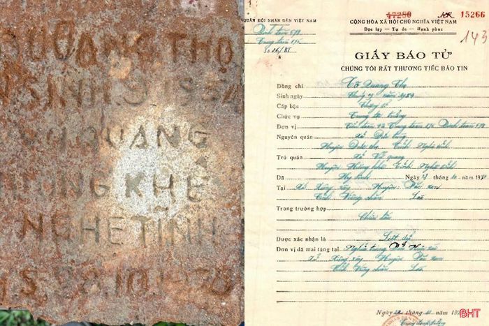 Thông tin trên tấm bia mộ tìm thấy tại Lào (bên trái) được xác định trùng khớp với thông tin trên giấy báo tử của liệt sĩ Tô Quang Thọ (bên phải).