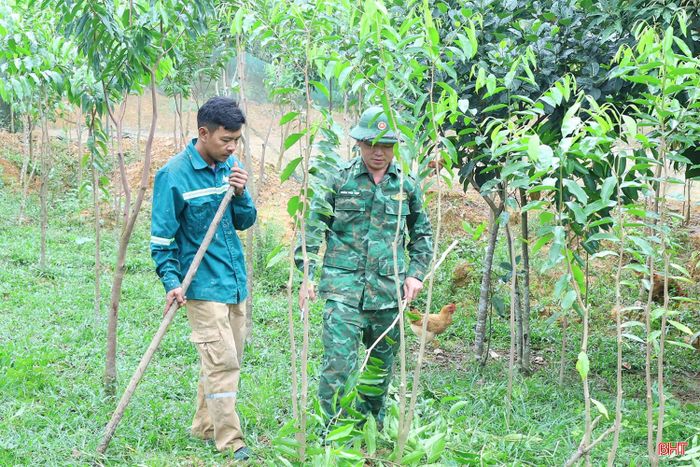 Thiếu tá Đoàn Văn Tiệp - Tổ trưởng Tổ công tác Rào Tre, Đồn Biên phòng Bản Giàng hướng dẫn vợ chồng anh Nam chăm sóc cây dó trầm.